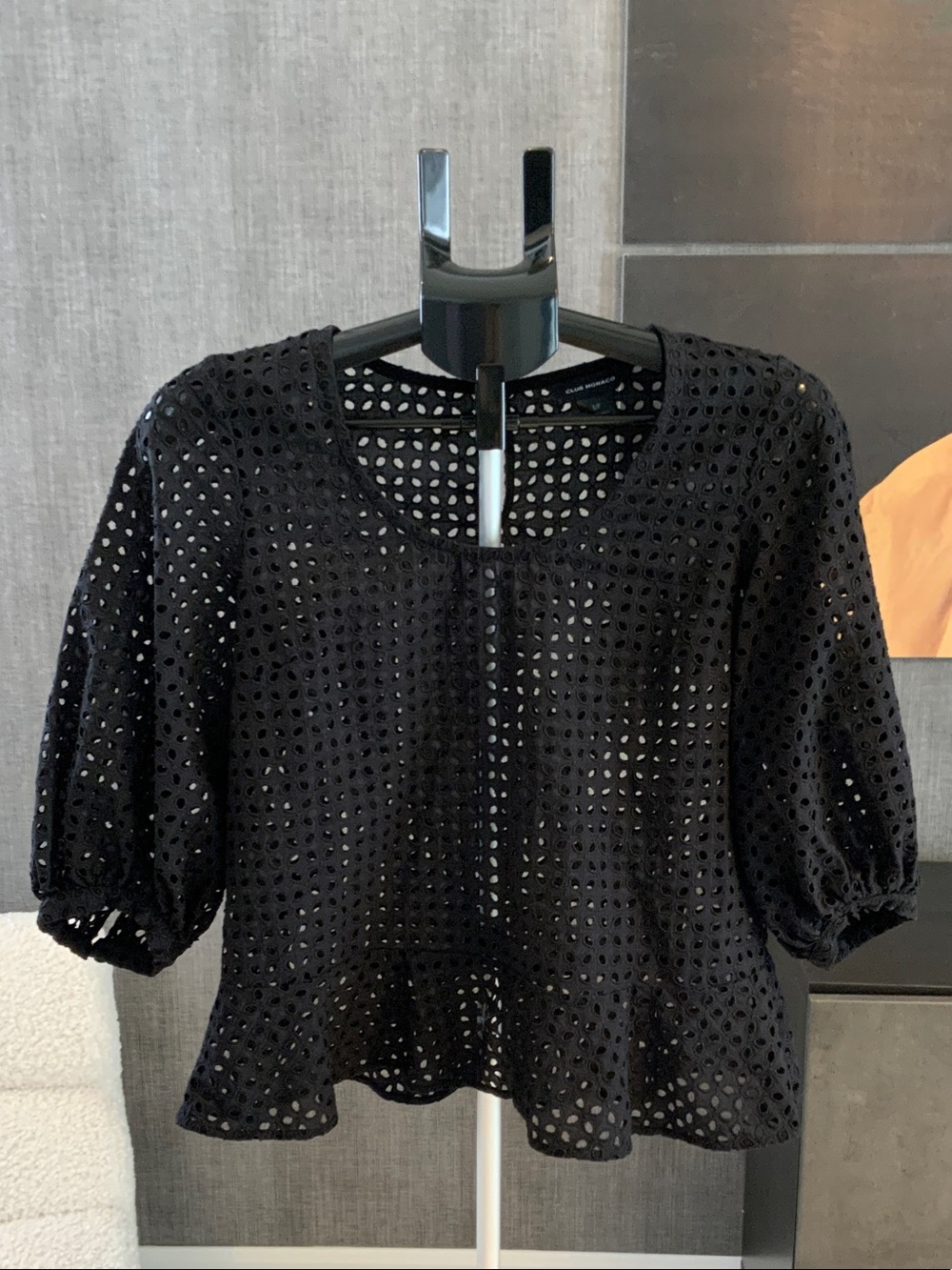 Club Monaco Black Eyelet Puff-Sleeve Peplum Blouse S